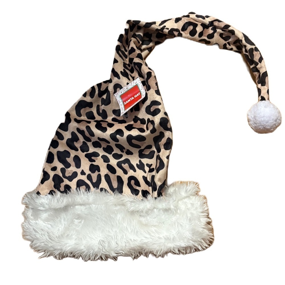 Leopard Print Santa Hat White Faux Fur Trim NEW Cheetah Animal